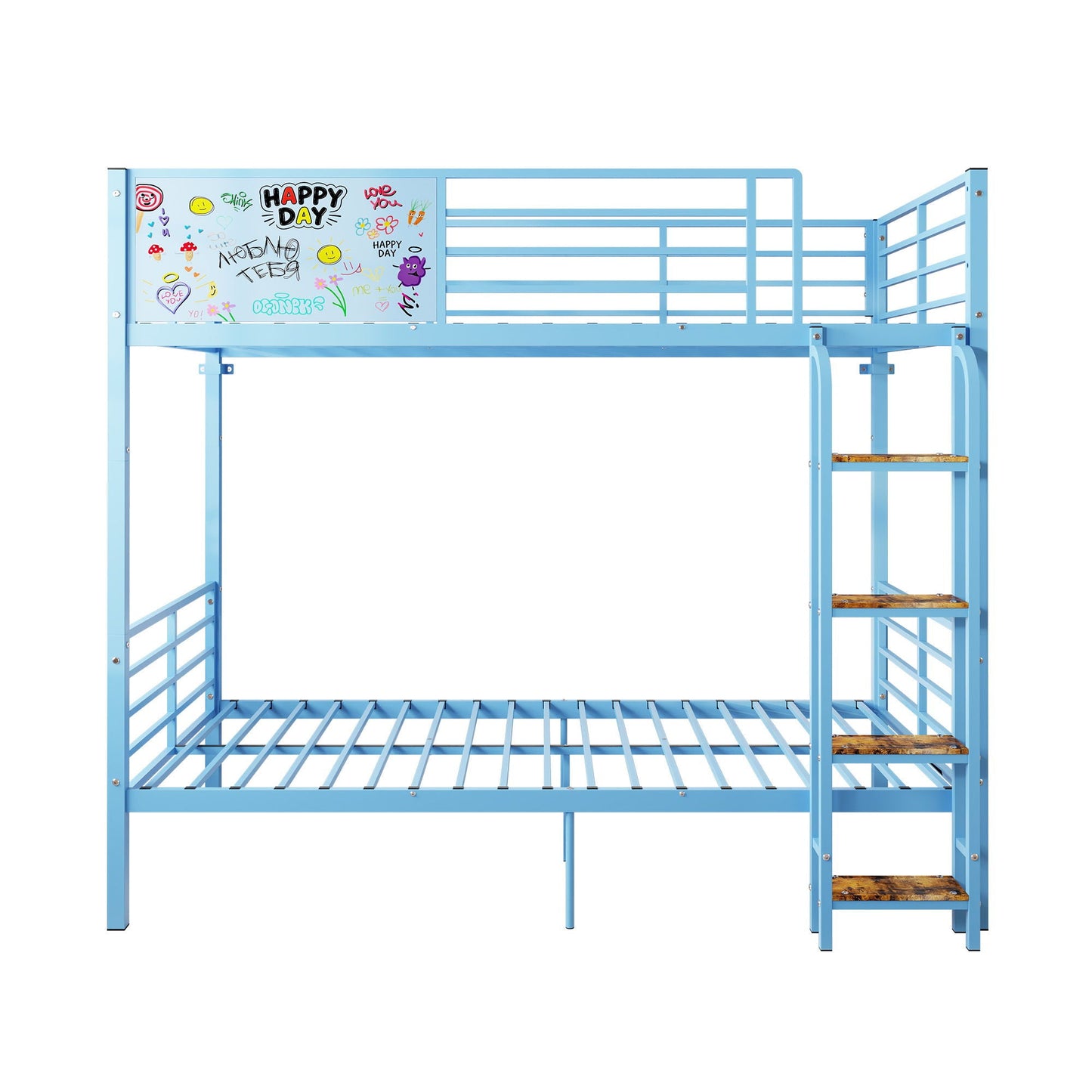 Blue metal bunk bed frame with full guardrail and ladder, decorative doodle panel on the side on Tampa Home & Garden Store
