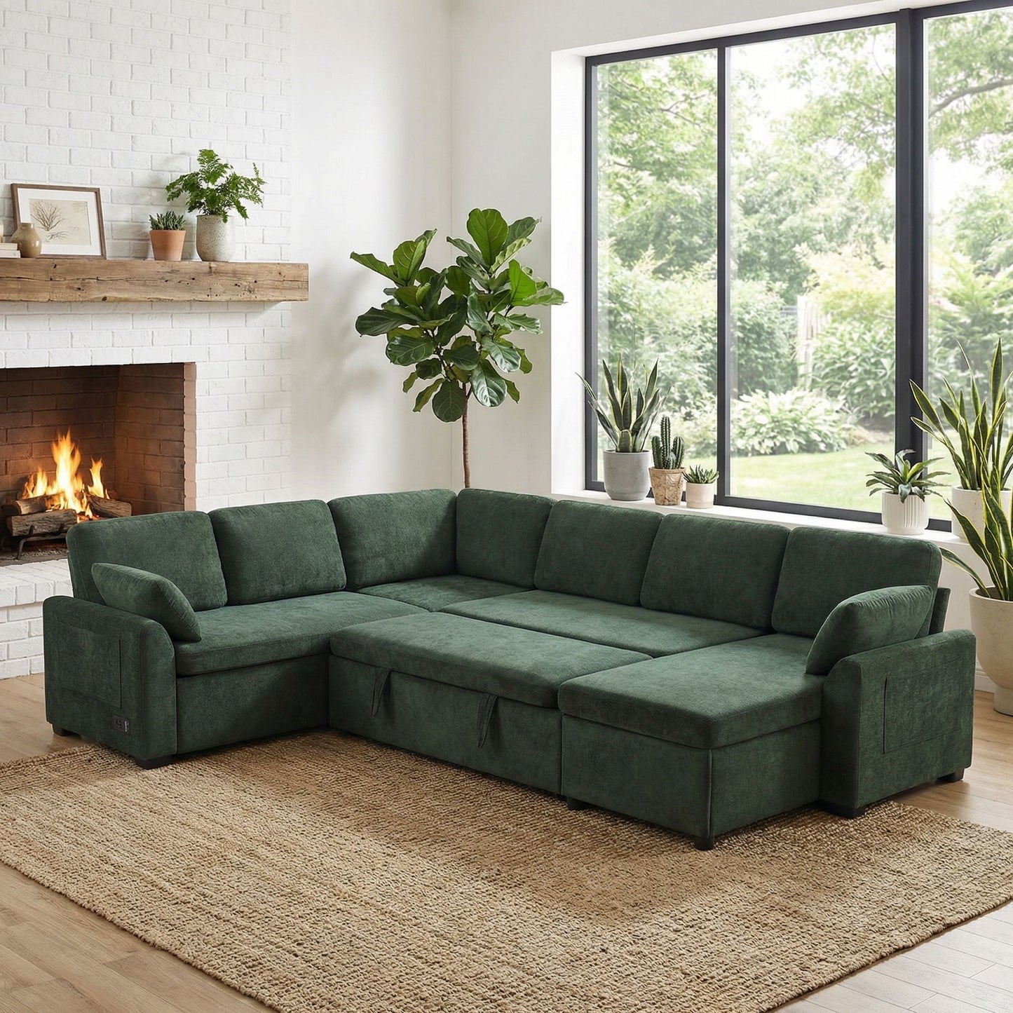 Convertible U-Shaped Sectional Sofa Bed with reversible chaise green fabric HouseOfZazla on Tampa Home & Garden Store