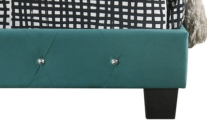 Luxurious teal upholstered bed footboard with tufting and crystal buttons, dark leg on Tampa Home & Garden Store