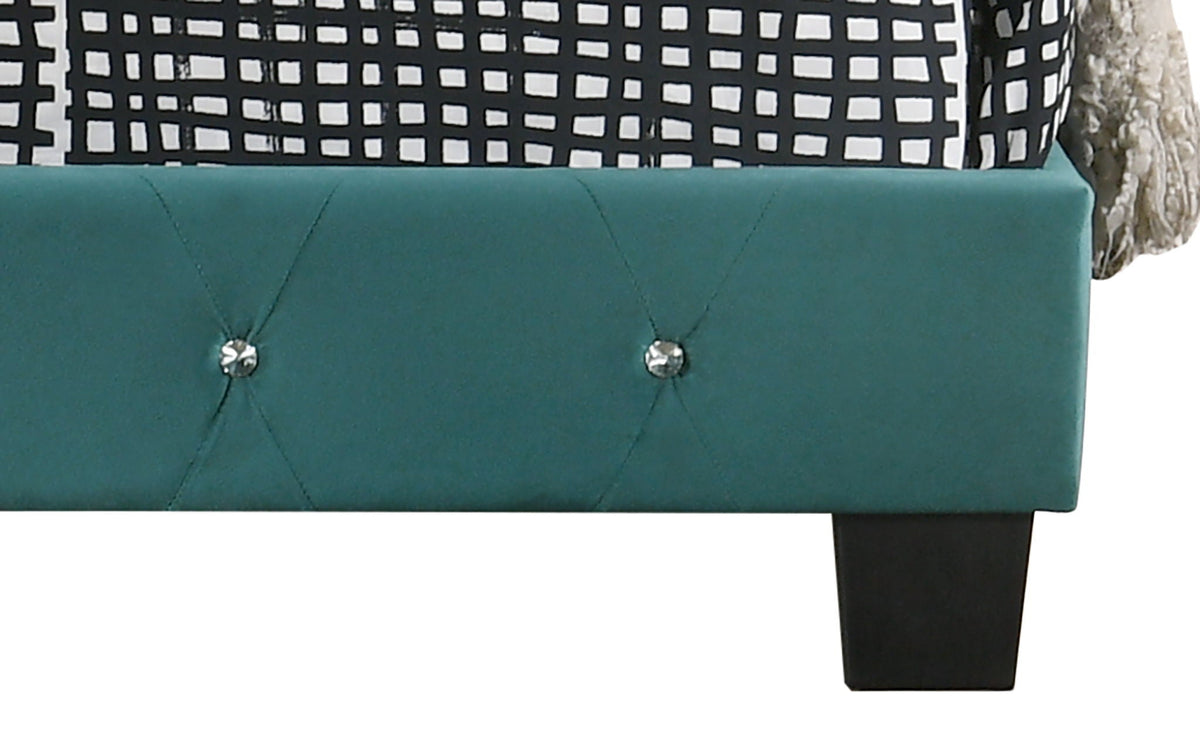 Luxurious HouseOfZazla Upholstered Bed teal footboard with diamond tufting and crystal buttons on Tampa Home & Garden Store