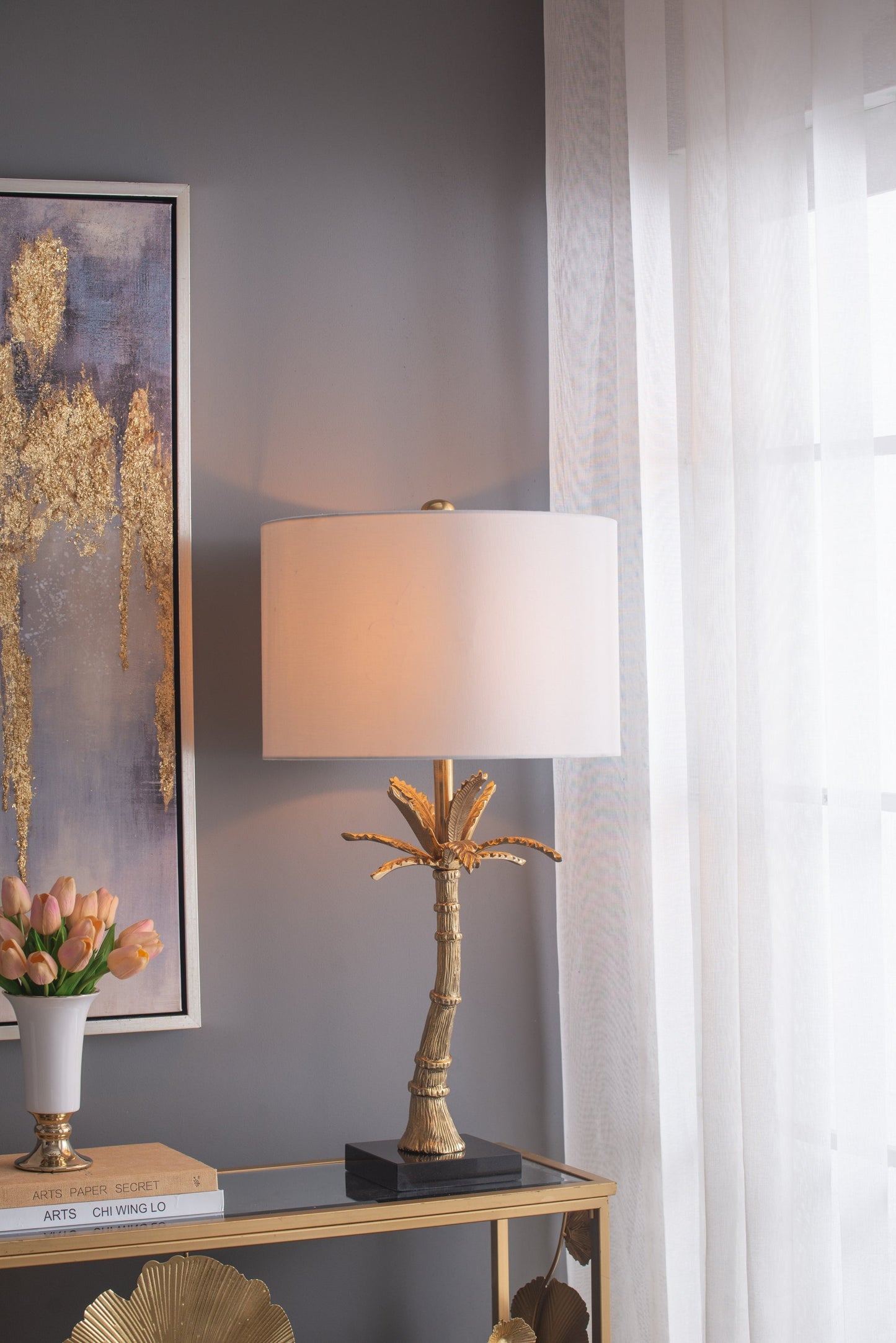 D16x31' Leaf Lamp with Marble Base Gold by HouseOfZazla, gold leaf stem, white shade on Tampa Home & Garden Store