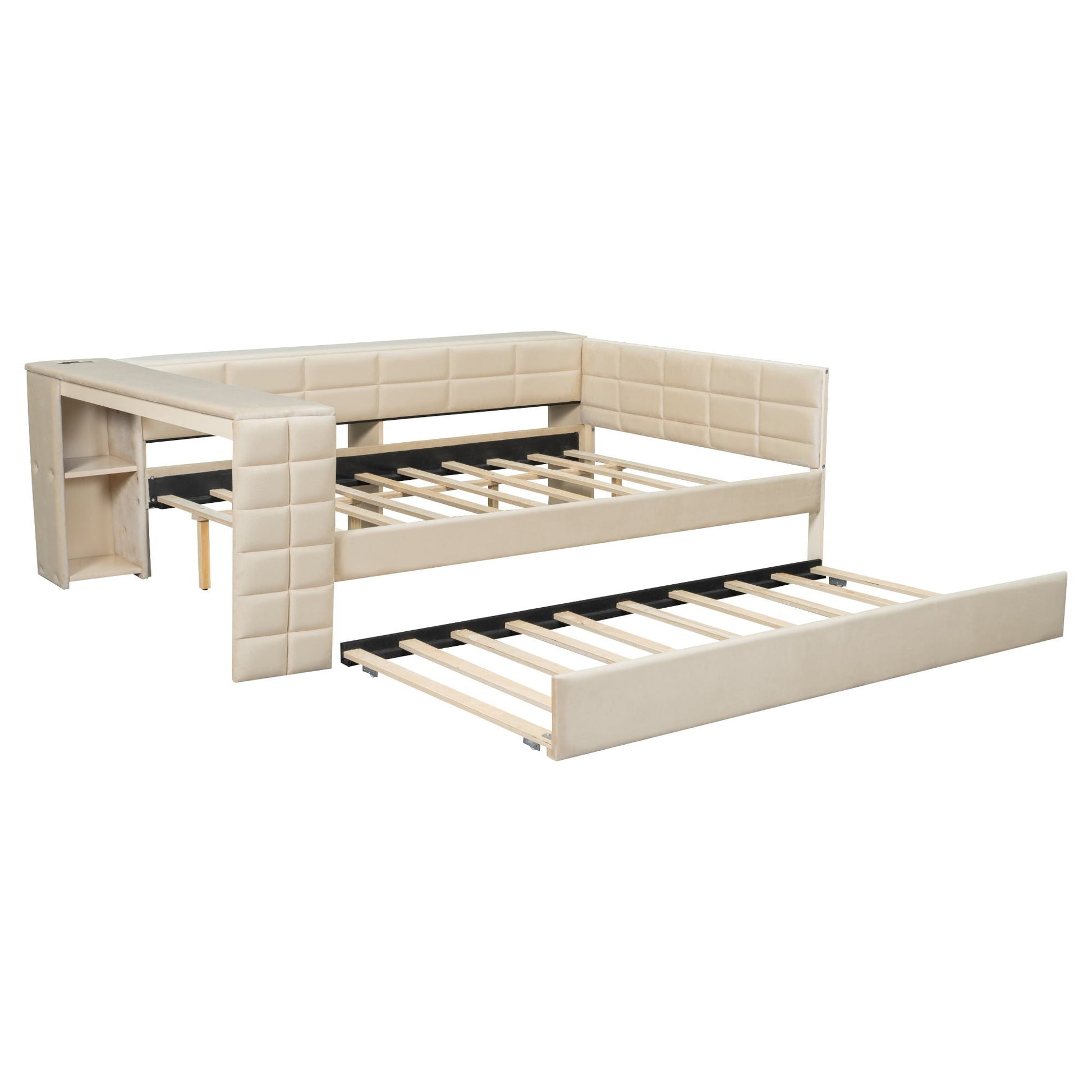 Upholstered platform bed in beige with storage shelves and trundle by HouseOfZazla on Tampa Home & Garden Store