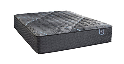 Restonic ComfortCare Hybrid Firm Full Mattress with gray quilted top and blue accents full size on Tampa Home & Garden Store