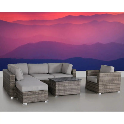Stylish Entertainment Sectional Set 3-piece wicker with gray cushions on outdoor living scene on Tampa Home & Garden Store