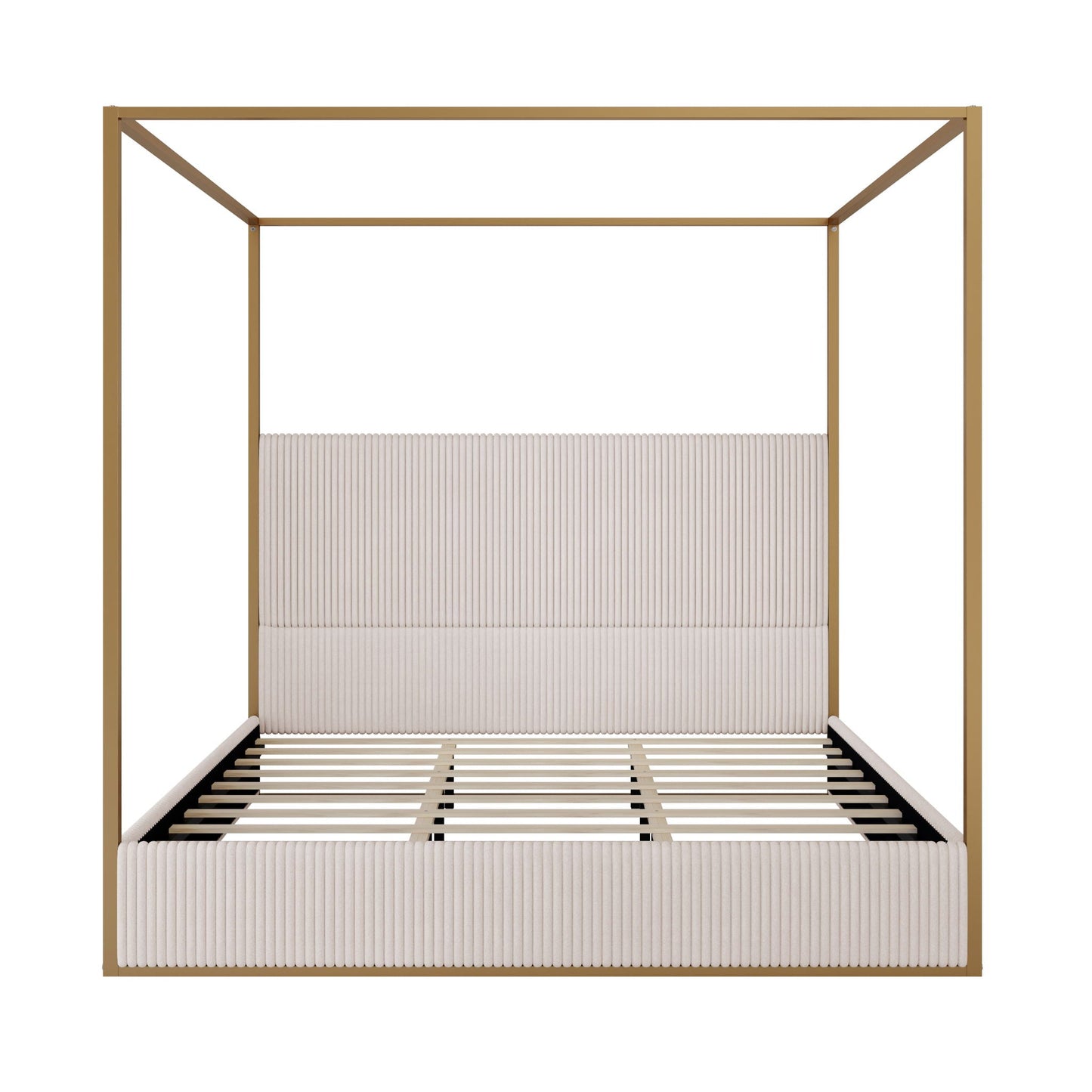 Luxury Canopy Bed with gold metal frame and ivory pleated upholstered headboard on Tampa Home & Garden Store