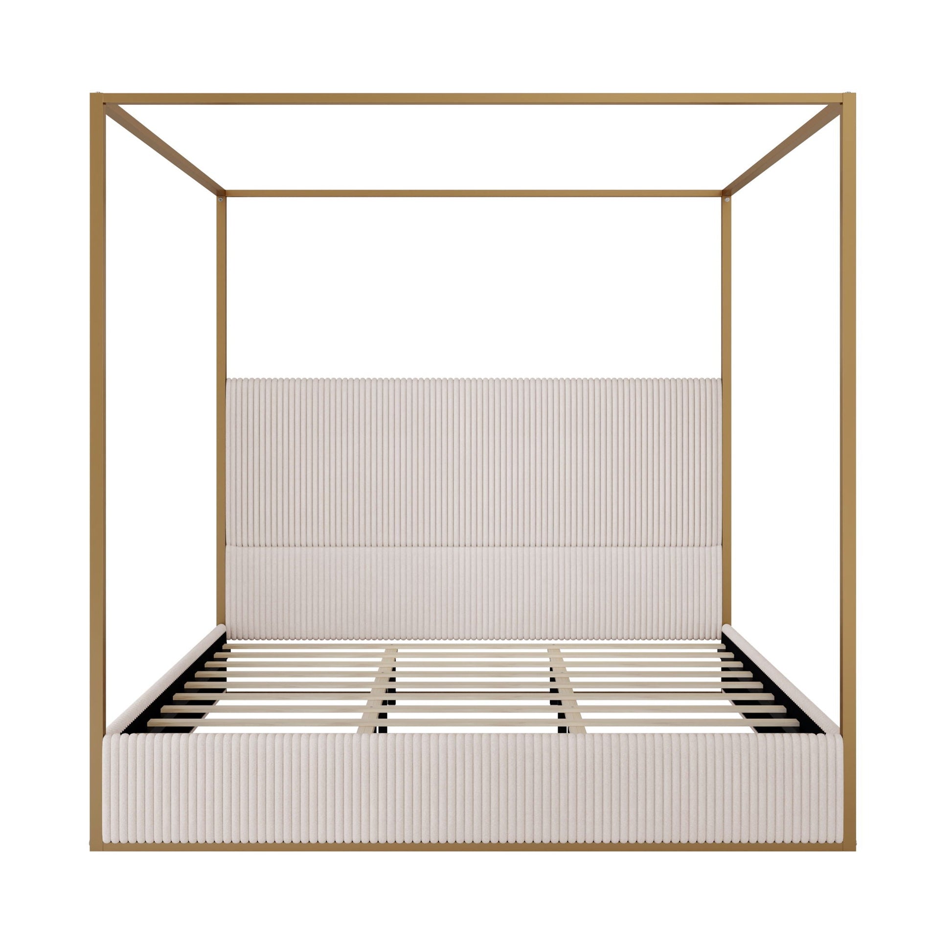 Luxury Canopy Bed with gold metal frame and ivory pleated upholstered headboard on Tampa Home & Garden Store