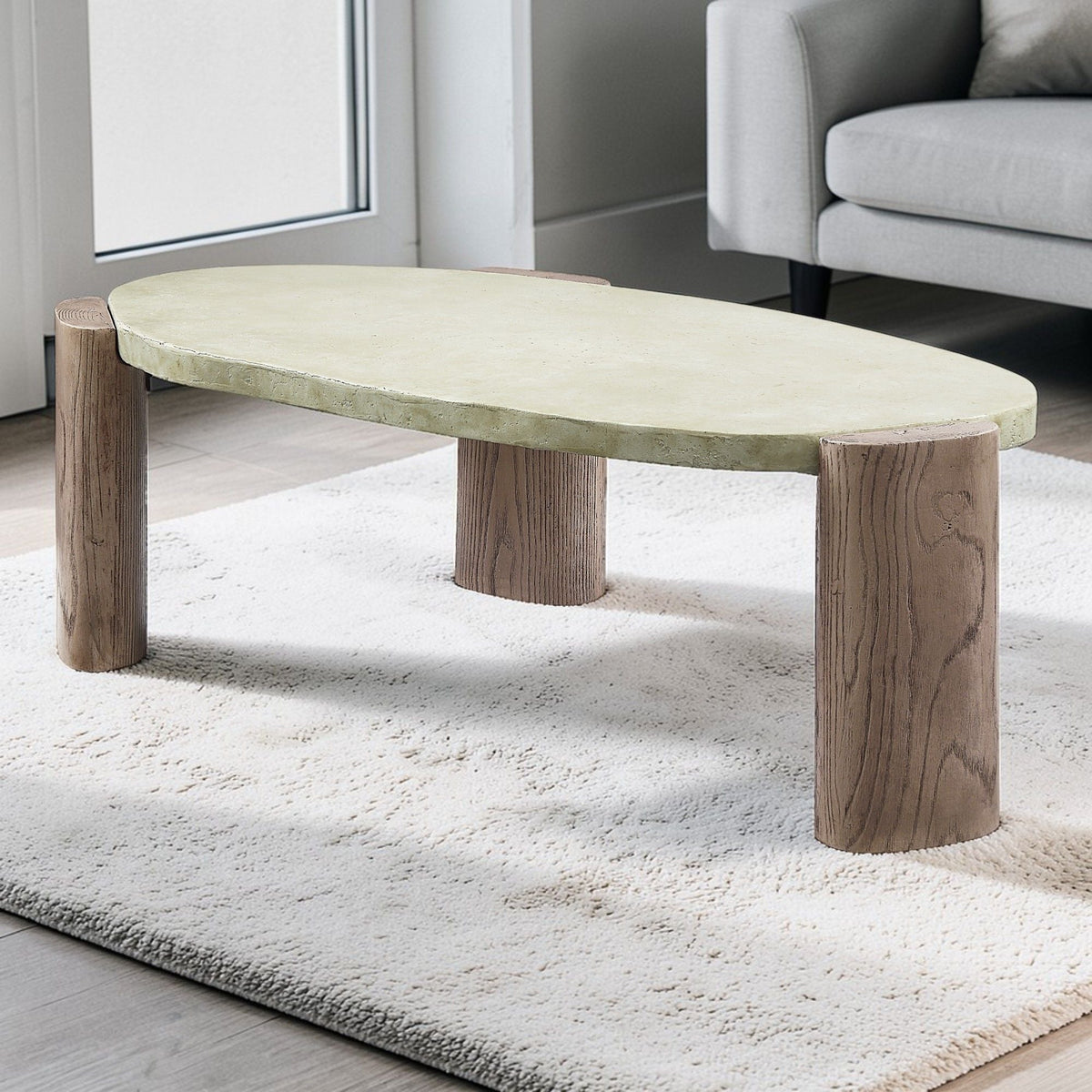 Dayana Coffee Table with fiber concrete top in oak/off white and thick wooden legs on Tampa Home & Garden Store