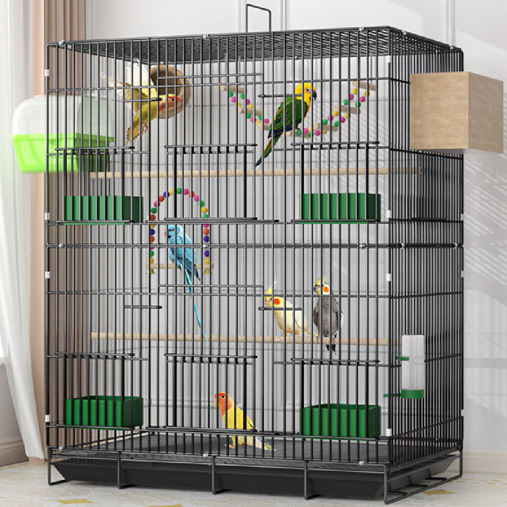 Home Fashion Personality Double Layer Bird Cage, metal with green feeders, several parrots on Tampa Home & Garden Store