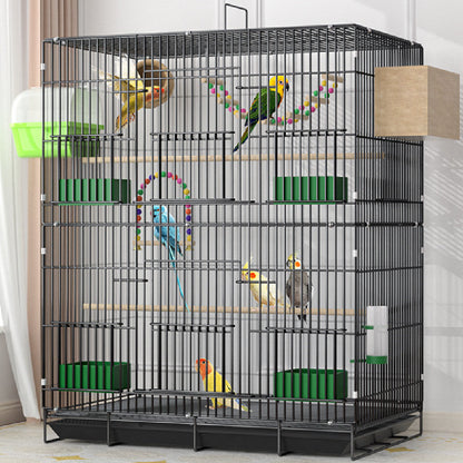 Home Fashion Personality Double Layer Bird Cage, metal with green feeders, several parrots on Tampa Home & Garden Store