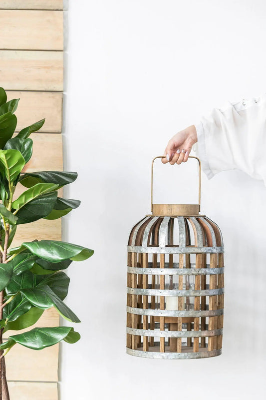 Decorative lantern with handle, wooden slatted body and metal bands, Unique Piece Furniture on Tampa Home & Garden Store