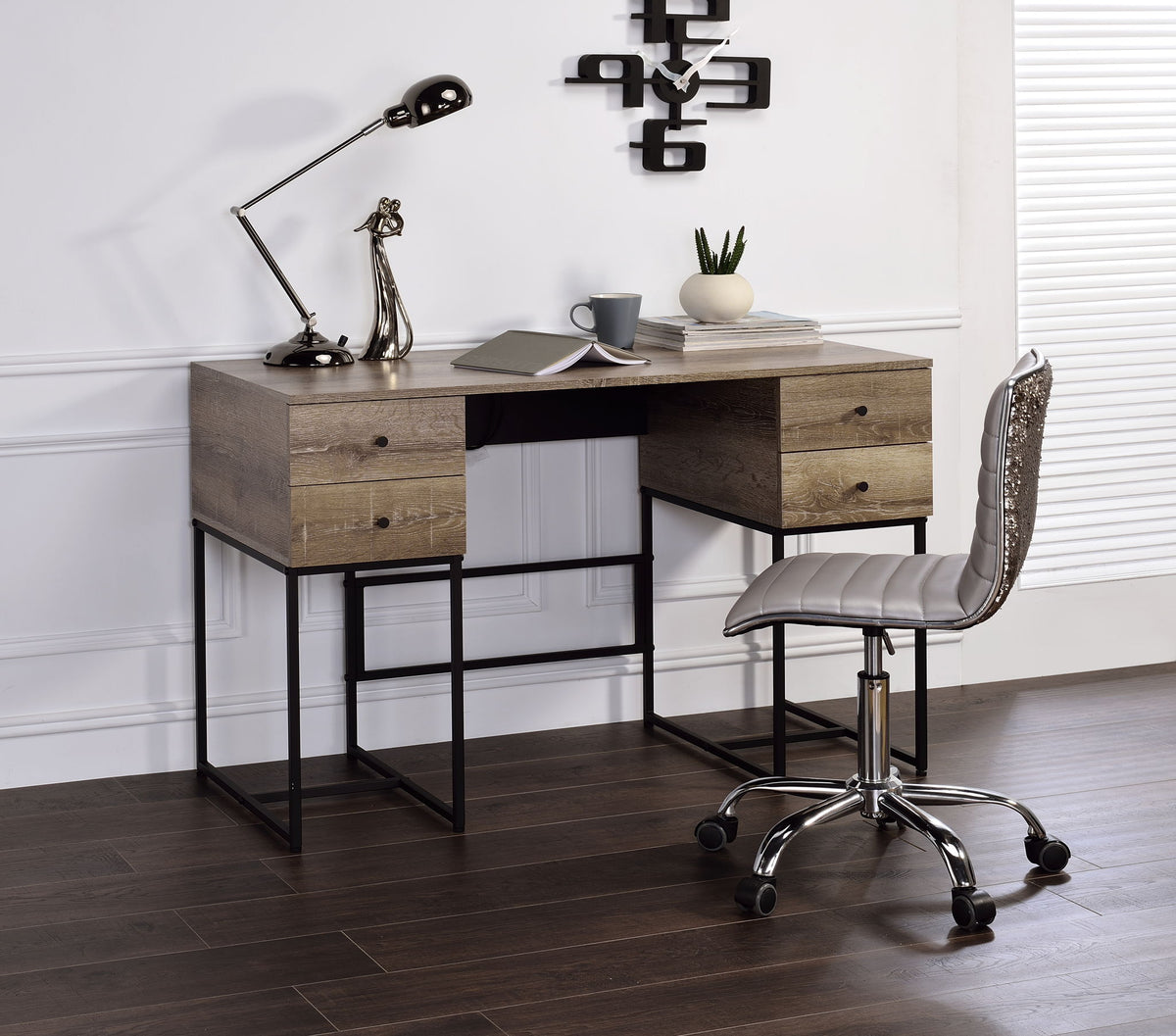Desirre Oak Writing Desk with USB Port, pair of desks with black metal legs and a lamp on Tampa Home & Garden Store