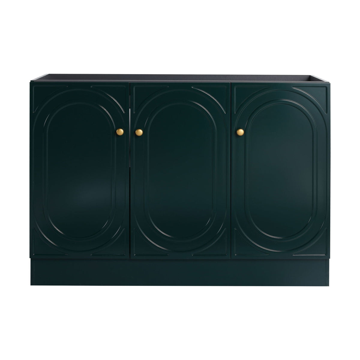 Freestanding bathroom vanity by HouseOfZazla, dark green 3-door cabinet with brass knobs on Tampa Home & Garden Store