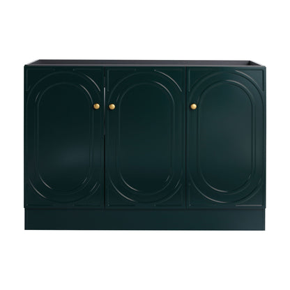 Freestanding bathroom vanity by HouseOfZazla, dark green 3-door cabinet with brass knobs on Tampa Home & Garden Store