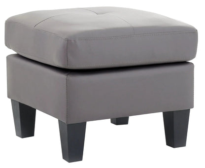 Casual Ottoman For Stylish Spaces, gray upholstered ottoman with dark wood legs and stitching on Tampa Home & Garden Store