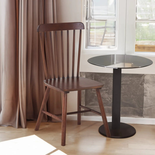 Walnut rubber wood dining chair with curved back and spindle legs in dark brown finish on Tampa Home & Garden Store