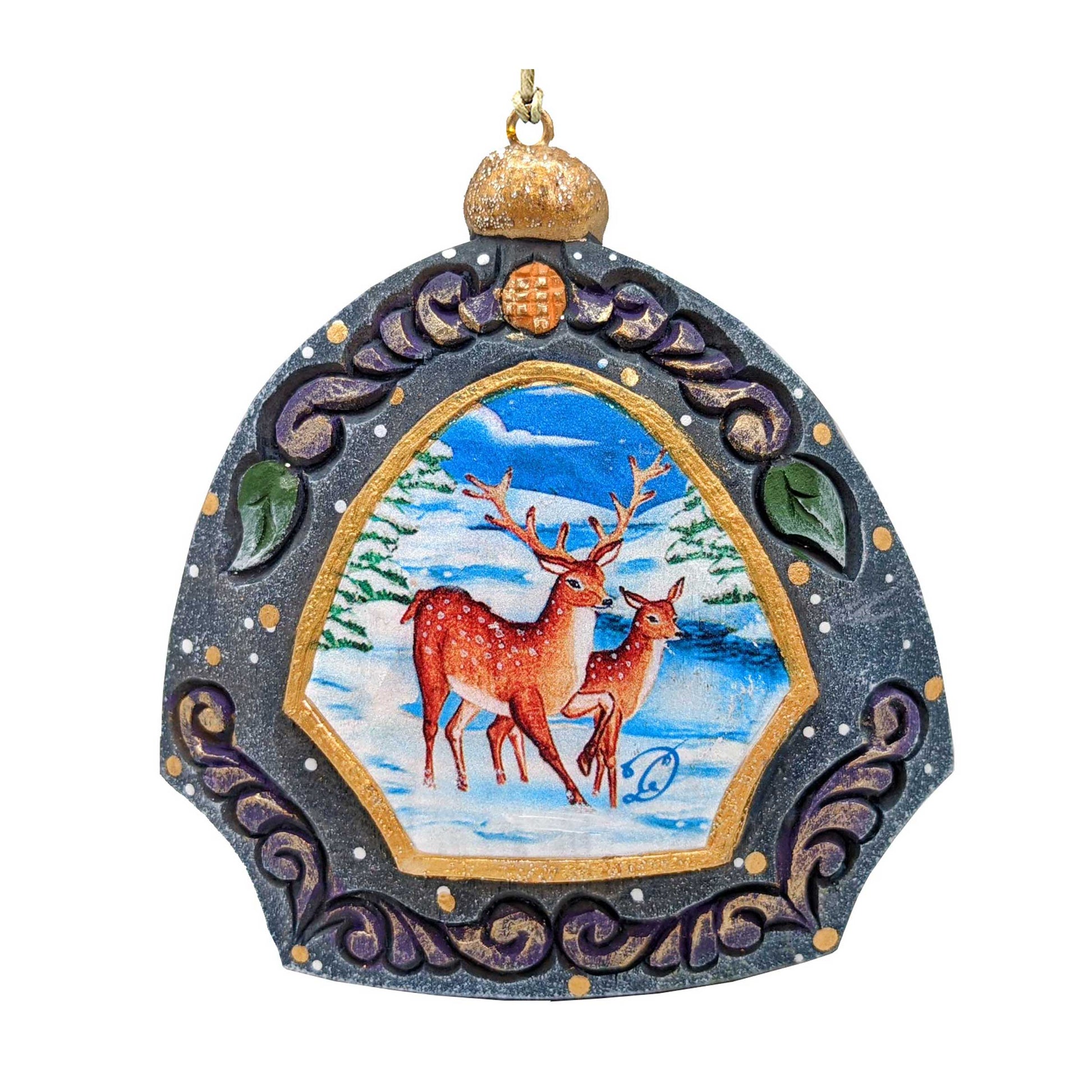 Moose Family Sculpted Hand-Painted Christmas Ornament by G DeBrekht with gold cap and frame on Tampa Home & Garden Store