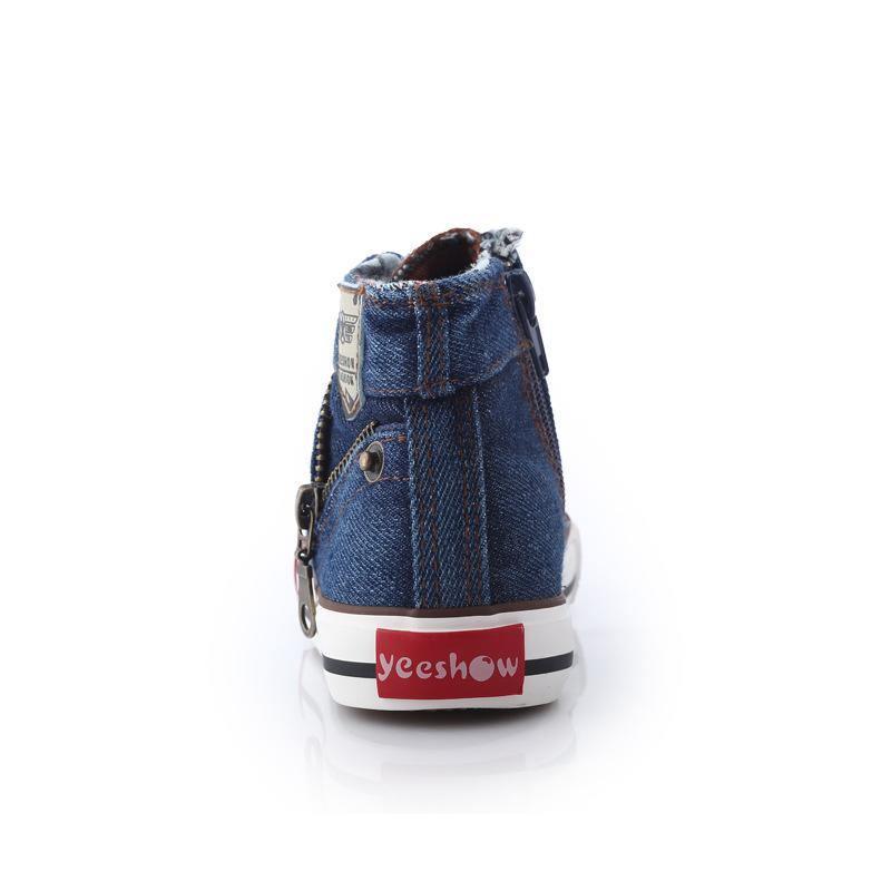 Stevvex denim blue high-top baby boy shoe with side zipper, back logo patch, white sole on Tampa Home & Garden Store