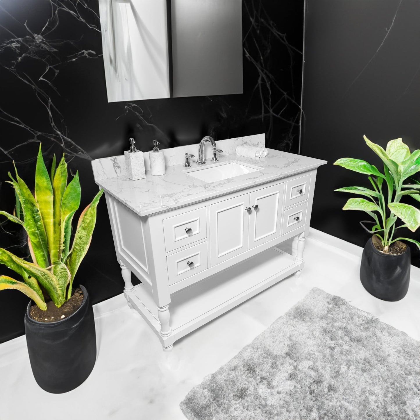 Montary 43x22 Carrara white engineered vanity top with undermount sink and 3 faucet holes on Tampa Home & Garden Store