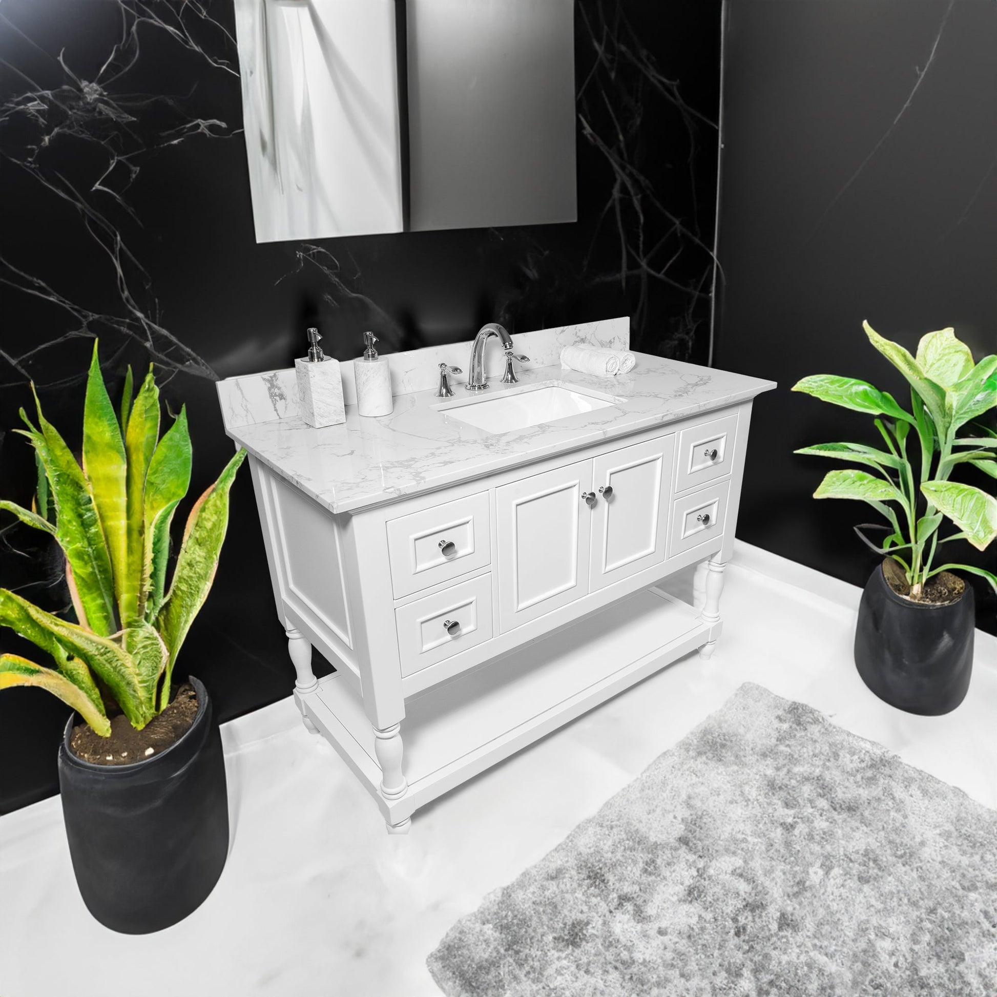 Montary 43x22 Carrara white engineered vanity top with undermount sink and 3 faucet holes on Tampa Home & Garden Store