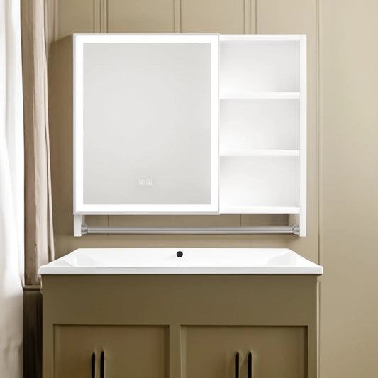 Medicine cabinet with LED frame and mirrored door, 32x28 in, white finish with open shelf section on Tampa Home & Garden Store