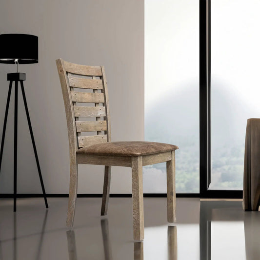 Set of 2 modern farmhouse dining chairs with slat backs and brown cushion on Tampa Home & Garden Store