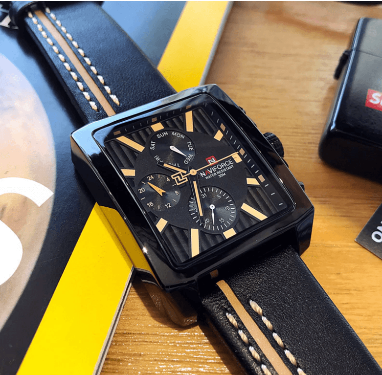Men's square waterproof watch with black leather strap and chronograph subdials Stevvex on Tampa Home & Garden Store