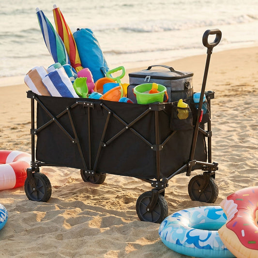 GemGear 38-Inch collapsible wagon cart black with handle on beach loaded with towels and umbrellas on Tampa Home & Garden Store