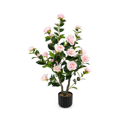 38 Inch Artificial Camellia Tree Faux Flower Plant in Cement Pot-Red