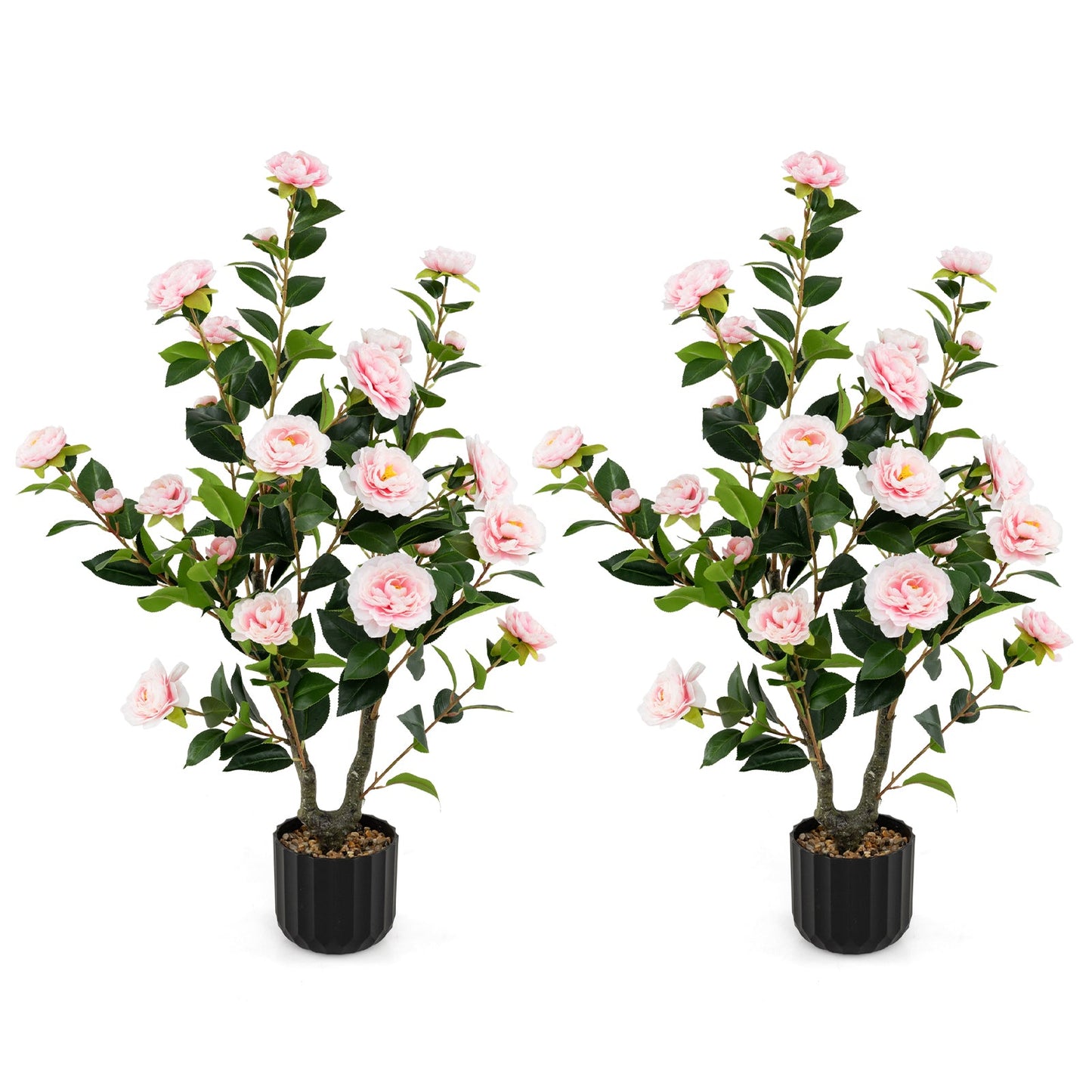 38 Inch Artificial Camellia Tree Faux Flower Plant in Cement Pot 2 Pack-Red