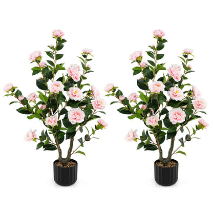 38 Inch Artificial Camellia Tree Faux Flower Plant in Cement Pot 2 Pack-Red