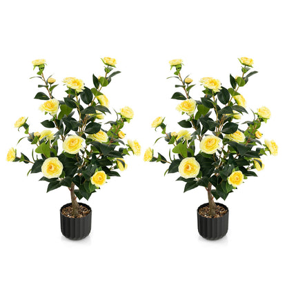 38 Inch Artificial Camellia Tree Faux Flower Plant in Cement Pot 2 Pack-Red