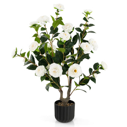 38 Inch Artificial Camellia Tree Faux Flower Plant in Cement Pot-Red