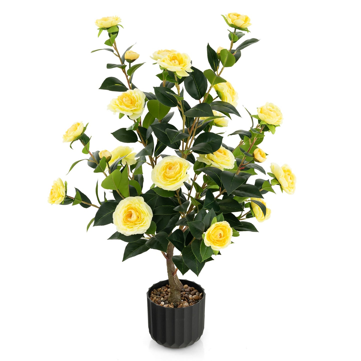 38 Inch Artificial Camellia Tree Faux Flower Plant in Cement Pot-Red