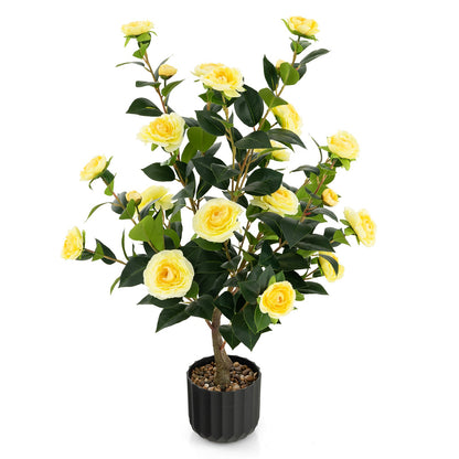 38 Inch Artificial Camellia Tree Faux Flower Plant in Cement Pot-Red