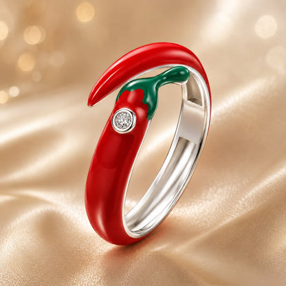 Chili pepper ring red enamel with green stem, 925 silver band, white CZ pavé by Bids.com on Tampa Home & Garden Store
