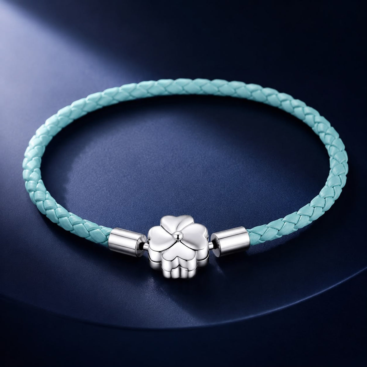 Bracelet 925 Sterling Silver and turquoise braided leather, 17cm with flower charm clasp on Tampa Home & Garden Store