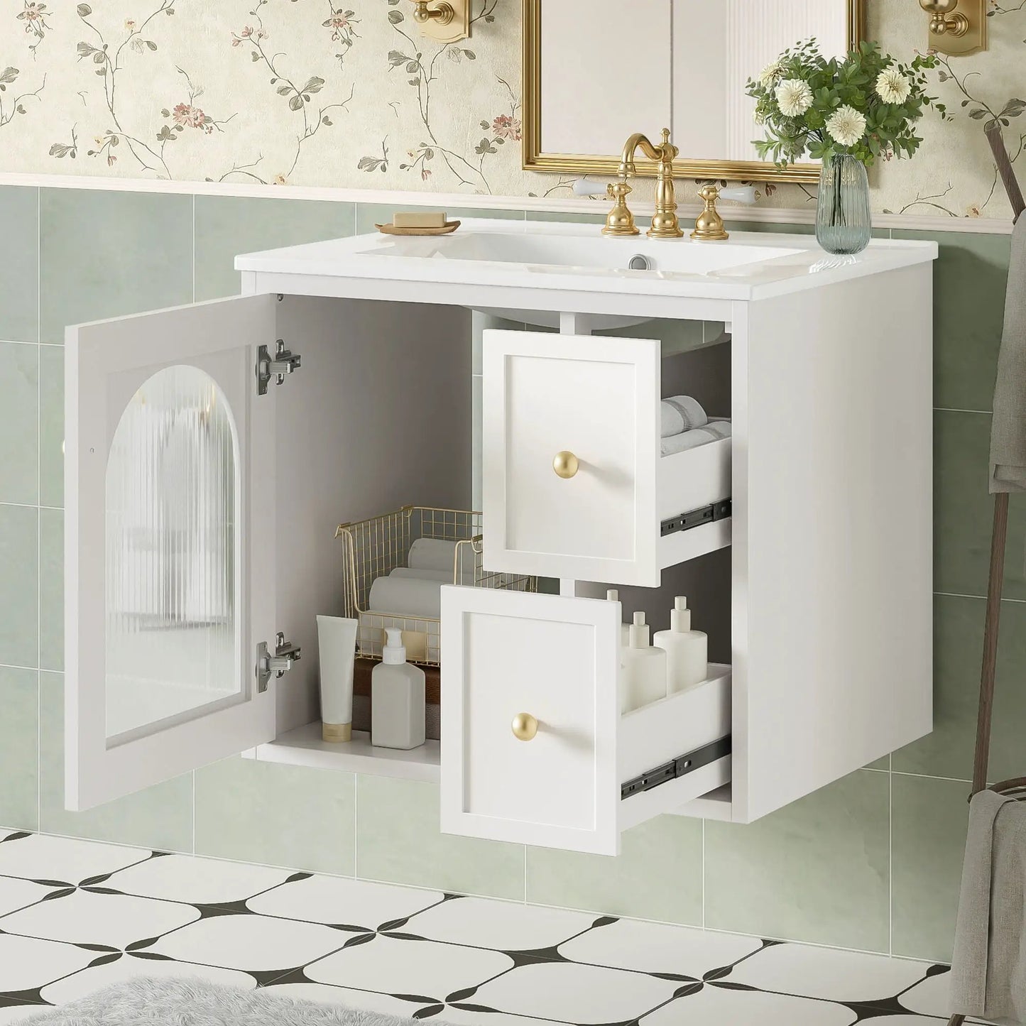 Wall-mounted vanity with sink, white cabinet, 2 drawers and soft-close door, gold faucet on Tampa Home & Garden Store