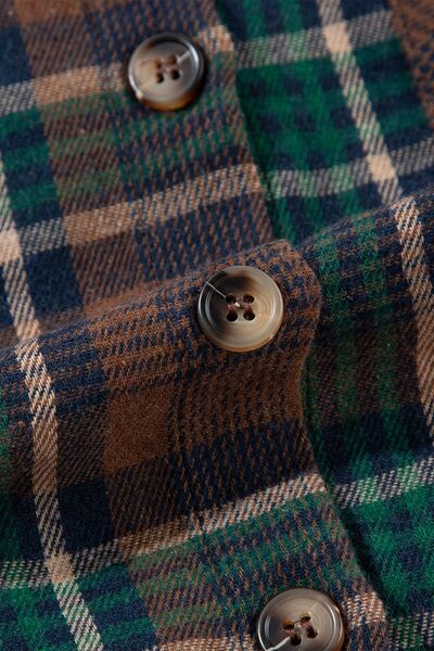 Timeless women's plaid button-up jacket in green-brown cotton-blend fabric with buttons on Tampa Home & Garden Store