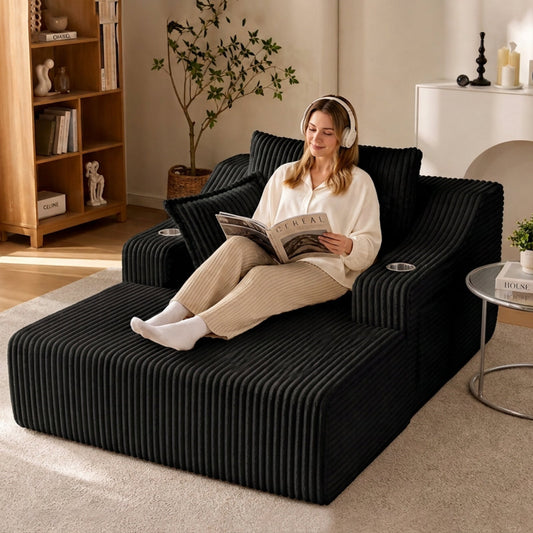 HouseOfZazla Oversized Chaise Lounge and Bed in black ribbed fabric with a smiling woman on Tampa Home & Garden Store