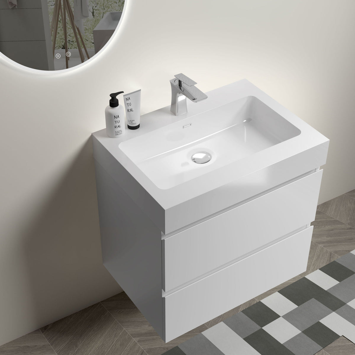 Floating white bathroom vanity with large storage, chrome faucet and round backlit mirror on Tampa Home & Garden Store