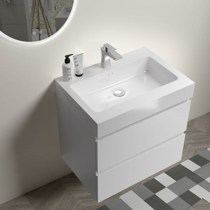 Floating white bathroom vanity with large storage, chrome faucet and round backlit mirror on Tampa Home & Garden Store