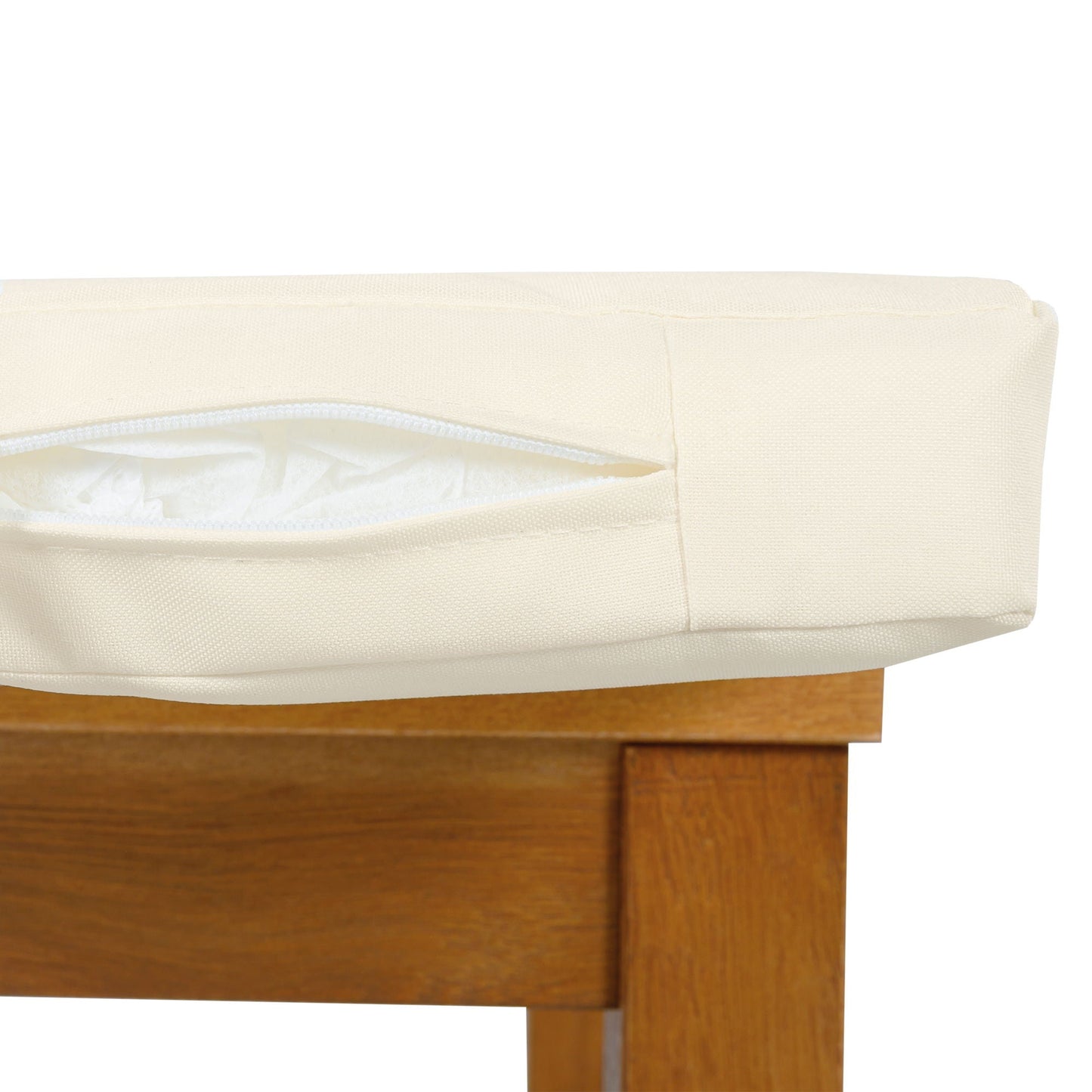 Beige removable cushions from a 7 Piece Outdoor Patio Dining Set on a wooden table base on Tampa Home & Garden Store