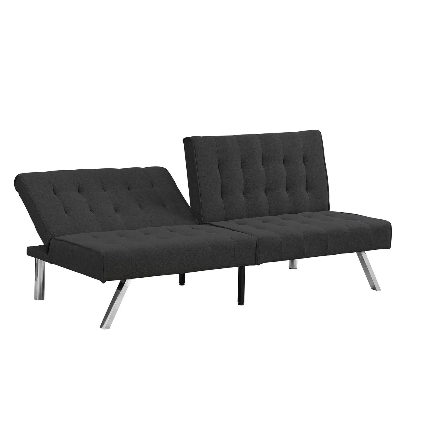 Futon sofa bed in charcoal gray tufted fabric with two backrests and chrome legs on Tampa Home & Garden Store