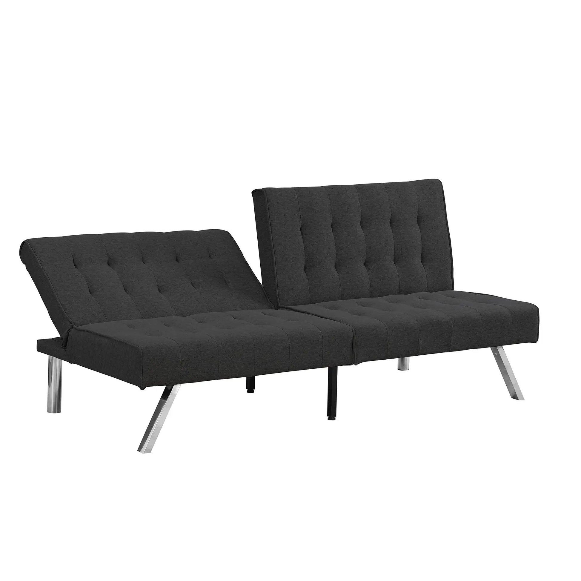 Futon sofa bed in charcoal gray tufted fabric with two backrests and chrome legs on Tampa Home & Garden Store
