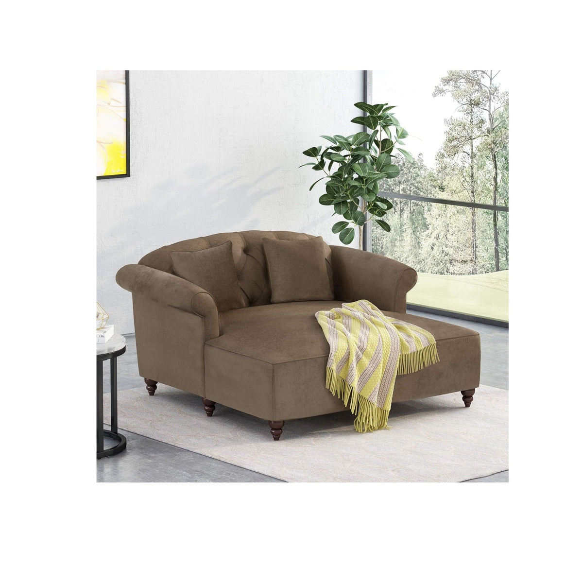 Elegant upholstered chaise in brown fabric with plush cushions by HouseOfZazla on Tampa Home & Garden Store