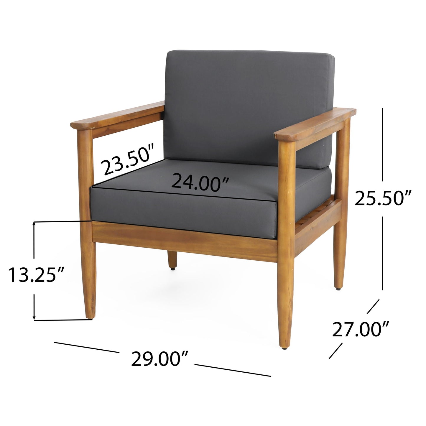 Outdoor club chair with teak acacia wood frame and dark gray cushions on Tampa Home & Garden Store