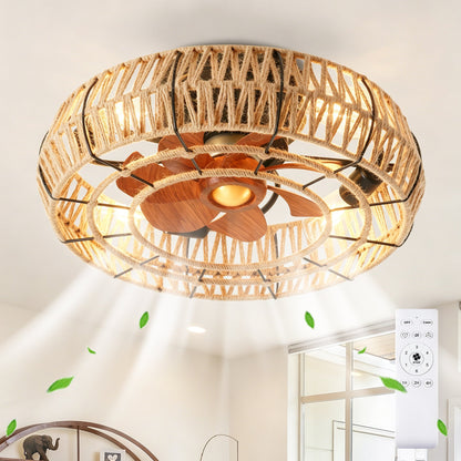 20-inch rope-wrapped flush-mount ceiling fan HouseOfZazla with light kit and remote; wood blades on Tampa Home & Garden Store