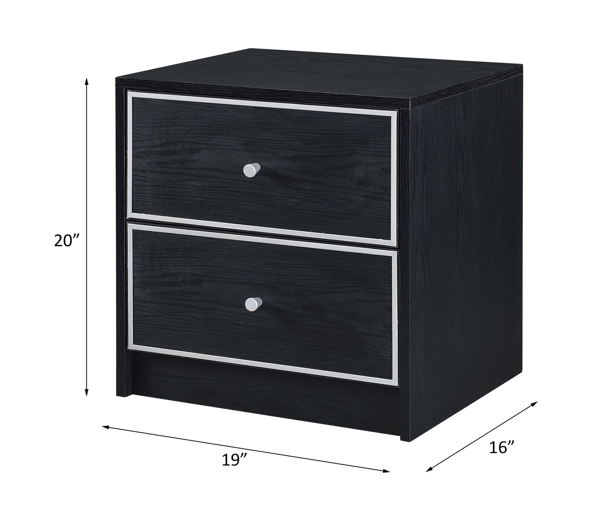 Modern Black Nightstand Table by HouseOfZazla, 3-drawer black wood with silver trim and knobs on Tampa Home & Garden Store