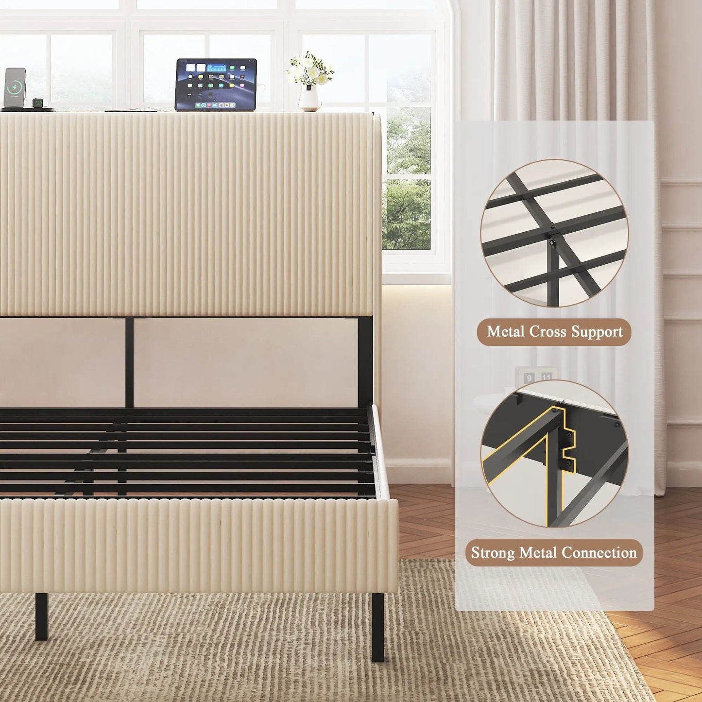 Platform bed with beige upholstered slats, black metal frame, charging station on Tampa Home & Garden Store