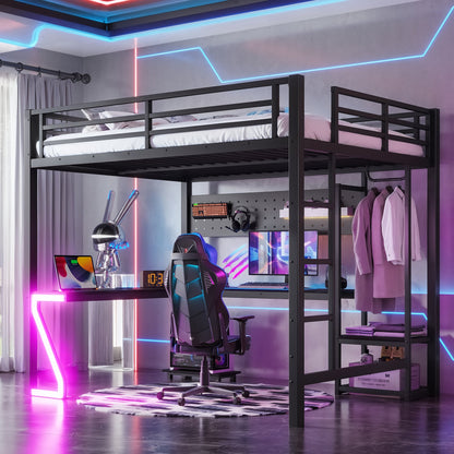 Queen loft bed with L-shaped desk in black metal frame with USB ports on Tampa Home & Garden Store